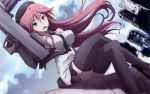  1girl asami_lilith blue_eyes braids breasts city elbow_gloves erect_nipples furuya_kouji gloves gun hat large_breasts long_hair redhead resized ruins thigh-highs trinity_seven weapon 