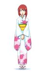  00s 1girl blue_eyes forte_stollen galaxy_angel japanese_clothes looking_at_viewer monocle redhead simple_background smile solo tabi white_background yukata 
