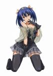  00s 1girl bashoku_youjou blue_hair blush breasts cleavage curvy female full_body hair_ornament hair_ribbon ikkitousen kneeling large_breasts legs looking_at_viewer ribbon short_twintails smile solo thick_thighs thigh-highs twintails violet_eyes wide_hips 