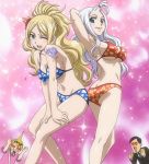  2boys 2girls ass ass-to-ass bikini blonde_hair blue_eyes blush breasts butt_crack fairy_tail heart heart_eyes highres jenny_realight large_breasts long_hair mirajane_strauss multiple_boys multiple_girls pose screencap silver_hair smile stitched swimsuit tattoo white_hair 