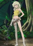  00s 1girl bare_shoulders blonde_hair earrings jewelry long_hair mujin_wakusei_survive navel screencap single_glove solo standing stitched whip zilba 