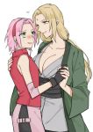  2girls 7mexxx arm_warmers black_gloves blonde_hair blush breasts brown_eyes cleavage facial_mark forehead_mark gloves green_eyes hand_holding haruno_sakura heart large_breasts low_twintails multiple_girls naruto naruto_shippuuden pink_hair simple_background sleeveless smile sweatdrop tsunade twintails yuri 