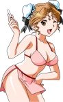 1girl bare_shoulders blush breasts brown_eyes brown_hair bun_cover cleavage erect_nipples hayasaka_akira looking_at_viewer navel official_art one_eye_closed open_mouth simple_background smile solo super_real_mahjong swimsuit 