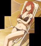  1girl bikini breasts chair cleavage closed_eyes erza_scarlet fairy_tail female highres large_breasts long_hair redhead rest screencap side-tie_bikini sleeping smile solo stitched swimsuit tattoo 