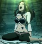  1girl belt black_eyes blush breasts brown_hair cana_alberona crying fairy_tail female highres large_breasts long_hair navel open_mouth screencap solo stitched tattoo 