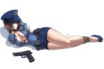  1girl arms_behind_back bdsm blue_eyes bondage bound breasts brown_hair cleavage curvy female full_body gag gagged gun handgun hat jill_valentine karosu-maker large_breasts lying on_side police police_uniform policewoman resident_evil rope short_hair simple_background skirt solo tape_gag tied_up uniform weapon wide_hips 