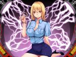  1girl blonde_hair breasts cleavage cuffs dmm female handcuffs high_heels large_breasts legs lightning long_hair looking_at_viewer machine police police_uniform policewoman red_eyes sitting skirt smile solo thighs uniform 