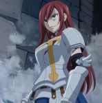  1girl armor breasts erza_scarlet fairy_tail female hair_over_one_eye highres large_breasts long_hair redhead screencap serious solo stitched tattoo 
