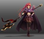  1girl armor cape gradient gradient_background knight long_hair polearm red_eyes redhead skirt solo weapon 