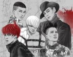  5boys asymmetrical_hair bigbang daesung earrings g-dragon hair_over_one_eye harness hat horn jewelry lip_ring looking_at_viewer male_focus monster_boy multiple_boys redhead seungri_(bigbang) t.o.p_(bigbang) taeyang victory_rolls 