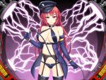  1girl bare_shoulders blush breasts cleavage dmm elbow_gloves female garter_straps gloves hat large_breasts legs lightning long_hair looking_at_viewer machine navel red_eyes redhead solo standing thigh-highs thighs whip 