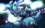  1other clenched_hand fighting_stance furry letterboxed lucario pokemon pokemon_(creature) red_eyes solo television yottur 