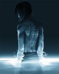  1girl artist_request avatar:_the_last_airbender back dark_background korra monochrome partially_submerged raava scar short_hair solo standing tattoo the_legend_of_korra toned topless upper_body water wrist_wraps 