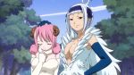  2girls angel angel_(fairy_tail) aries aries_(fairy_tail) black_eyes blush breasts brown_eyes cleavage fairy_tail feathers fur horns key large_breasts multiple_girls pink_hair short_hair silver_hair smile smoke white_hair 