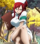  1girl blush breasts brown_eyes cleavage erza_scarlet fairy_tail female highres large_breasts legs long_hair naughty_face nurse pose redhead screencap serious solo stitched 