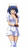  00s 1girl bashoku_youjou blue_hair breasts cleavage female hair_ribbon ikkitousen large_breasts legs looking_at_viewer nurse ribbon short_twintails smile solo standing twintails violet_eyes 