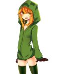  1girl at2. black_legwear blush breasts creeper female gloves hood hoodie long_hair looking_at_viewer minecraft mob_talker open_mouth orange_hair small_breasts solo standing straight_hair tagme thigh-highs transparent_background wavy_mouth yellow_eyes 