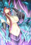  1girl breasts female large_breasts league_of_legends long_hair navel redhead rek&#039;sai smile solo tagme violet_eyes 