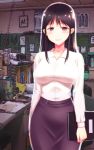  1girl black_hair blush breasts chair collarbone female highres hips holding large_breasts long_hair looking_at_viewer nabesekizaiten notebook office red_eyes skirt smile solo standing table teacher 