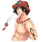  1boy abs freckles hat jewelry male_focus muscle necklace one_piece portgas_d_ace simple_background smiley solo stampede_string tattoo topless 