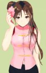  160 1girl arm_up asymmetrical_hair brown_eyes brown_hair chinese_clothes flower hair_bun hair_down hair_flower hair_ornament looking_at_viewer naruto simple_background smile solo tenten upper_body 