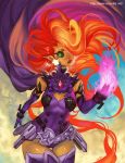  1girl alternate_costume aura belt cape cleavage_cutout dc_comics elbow_gloves fiery_hair gem gloves glowing glowing_hair hair_over_one_eye hector_enrique_sevilla_lujan leotard orange_hair orange_skin pointy_ears solo starfire symbol-shaped_pupils teen_titans thigh-highs very_long_hair 