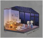  blonde_hair chibi commentary commentary_request cup darjeeling drinking_glass fireplace girls_und_panzer kay_(girls_und_panzer) lantern picture_frame skylight soramame_(corndog) stone_floor table window wine_glass 