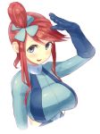  1girl arm_up bangs blue_eyes blue_gloves blush breasts fuuro_(pokemon) gloves gym_leader kazo large_breasts looking_at_viewer open_mouth pokemon pokemon_(game) pokemon_bw redhead simple_background smile solo swept_bangs white_background 