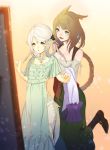  2girls 4th au_ra brown_hair cat_ears dress dressing facial_mark female final_fantasy final_fantasy_xiv forehead_mark horns leg_up miqo&#039;te mirror multiple_girls silver_hair whiskers 