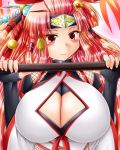  1girl baroque20320514fu blush breasts chiyome_(p&amp;d) cleavage cleavage_cutout huge_breasts long_hair looking_at_viewer puzzle_&amp;_dragons red_eyes redhead smile solo upper_body 