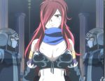  1girl armor bare_shoulders breasts cleavage erza_knightwalker erza_scarlet fairy_tail female hair_over_one_eye highres large_breasts long_hair redhead scarf screencap serious solo stitched 