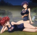  2girls anger_vein angry bare_shoulders blue_hair blush breast_hold breasts closed_eyes hirano_miwa izumi_eiko kamen_no_maid_guy large_breasts lying multiple_girls night on_side redhead screencap sitting stitched swimsuit 