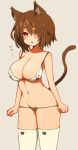  1girl abs animal_ears beige_background blush bra breasts brown_hair cat_ears cat_hair_ornament cat_print cat_tail cleavage curvy female green_panties hair_ornament highres huge_breasts large_breasts looking_at_viewer lowleg lowleg_panties navel open_mouth original panties paw_print red_eyes ruiten simple_background solo tail thigh-highs underwear underwear_only wide_hips 
