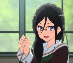  1girl animated animated_gif black_hair blue_eyes glasses hibike!_euphonium red-framed_glasses school_uniform serafuku smile solo tanaka_asuka 