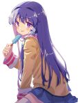  1girl :d akayama_yukihe arm_support blue_skirt blush clannad commentary cowboy_shot food from_behind fujibayashi_kyou hair_between_eyes hair_intakes hair_over_shoulder hair_ribbon hand_up happy highres hikarizaka_private_high_school_uniform holding holding_food holding_popsicle jacket leaning_forward long_hair long_sleeves looking_at_viewer miniskirt open_mouth pleated_skirt popsicle purple_hair ribbon sailor_collar school_uniform sidelighting simple_background skirt smile solo straight_hair thigh-highs very_long_hair violet_eyes white_background white_ribbon white_sailor_collar white_thighhighs yellow_jacket zettai_ryouiki 