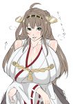  1girl absurdres bare_shoulders blue_eyes blush breasts brown_hair cleavage female gero_1992 gigantic_breasts hair_ornament highres kantai_collection kongou_(kantai_collection) long_hair looking_at_viewer shiny shiny_skin simple_background solo white_background 