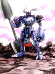  armor bandai craniamon digimon full_armor gauntlets helmet horns knight lance male_focus monster no_humans polearm red_eyes royal_knights shoulder_pads skull sky spikes weapon 