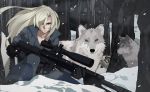  1girl black_gloves breasts cleavage coat forest gloves gun hair_over_one_eye metal_gear_(series) metal_gear_solid nature nisego rifle sniper_rifle sniper_wolf snow snowing tree weapon wolf 