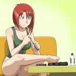  00s 1girl bare_shoulders barefoot blue_eyes breasts cleaning_weapon cleavage feet forte_stollen galaxy_angel indoors large_breasts panties pistol redhead short_hair sitting smile solo toes underwear weapon 