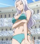  1girl blue_eyes blush breasts closed_eyes fairy_tail female highres large_breasts mirajane_strauss pose screencap silver_hair smile solo stitched swimsuit tattoo white_hair 
