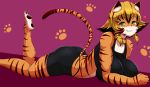  1girl :d absurdres bell bell_choker blonde_hair breast_rest breasts cat_girl furry green_eyes highres large_breasts looking_at_viewer lying on_stomach paw_background paw_print pawpads purple_background safurantora short_hair shorts smile solo sports_bra tiger tiger_girl 