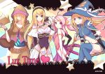  4girls ahoge armor beancurd belt blonde_hair blue_eyes blue_legwear blue_thighhighs book breasts closed_mouth collarbone female fishnets hat heart hood hoodie league_of_legends long_hair looking_at_viewer luxanna_crownguard magical_girl midriff multiple_girls navel pink_eyes pink_hair smile star_guardian_lux straight_hair thigh-highs witch_hat zettai_ryouiki 