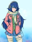  1girl akairiot artist_name badge blue_background blue_eyes blue_hair blush casual fire_emblem fire_emblem:_kakusei gradient gradient_background hands_in_pockets headphones jacket looking_at_viewer lucina nintendo open_mouth scarf signature skirt solo thigh-highs upper_body 