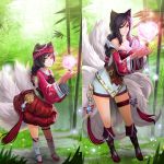  ahri animal_ears bare_shoulders black_hair child collarbone facial_mark female goomrrat heart league_of_legends long_hair long_sleeves looking_at_viewer smile tail traditional_clothes yellow_eyes younger 