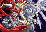  3boys armor brown_eyes digimon dorugoramon dragon fangs full_armor helmet horns ikd justimon male_focus monster multiple_boys no_humans shinegreymon tail wings 