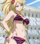  1girl bare_shoulders bikini blonde_hair blue_eyes breasts cleavage earrings fairy_tail female flower gold hair_flower hair_ornament highres jenny_realight jewelry large_breasts long_hair navel necklace screencap smile solo standing stitched swimsuit tattoo 