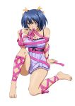  00s 1girl bare_shoulders barefoot bashoku_youjou blue_hair breasts cleavage feet female full_body hair_ribbon ikkitousen large_breasts ribbon short_twintails sitting smile solo toes twintails violet_eyes 