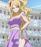  1girl bare_shoulders blonde_hair blue_eyes breasts cleavage earrings fairy_tail female flower gold hair_flower hair_ornament highres jenny_realight jewelry large_breasts long_hair necklace screencap smile solo standing stitched tattoo 