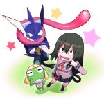  1girl asui_tsuyu black_hair boku_no_hero_academia crossed_arms crossover fins frog frog_eyes greninja highres keroro keroro_gunsou looking_at_viewer lppletwo mouth_pull pokemon school_uniform star tongue tongue_out 