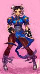  1girl black_hair boots bun_cover chinese_clothes chun-li double_bun earrings eyeshadow full_body hector_enrique_sevilla_lujan jewelry looking_at_viewer makeup mole mole_under_mouth pantyhose pink_background puffy_sleeves solo spiked_bracelet street_fighter thick_thighs toned 